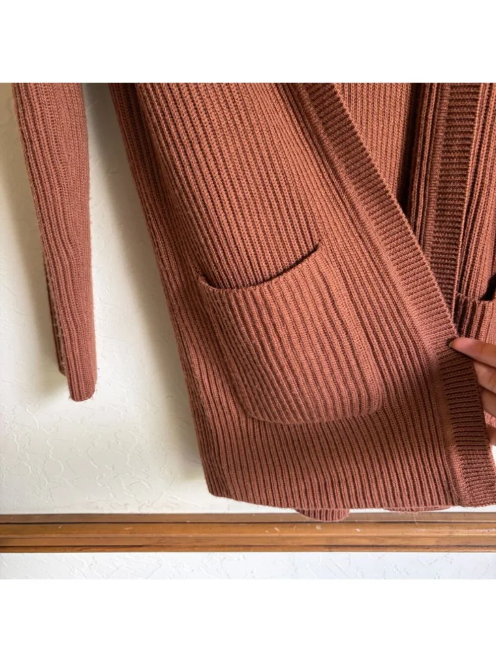 Banana Republic XS Brown Ribbed Cardigan 100% Merino Wool Open Hooded Pockets